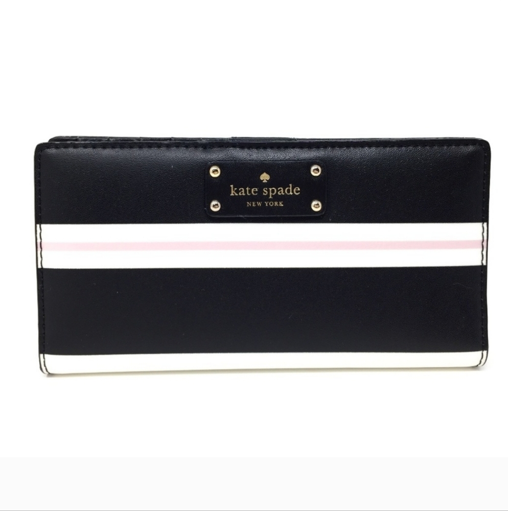 Kate Spade Black & Pink Striped Crossgrain Leather Continental Wallet Snap
